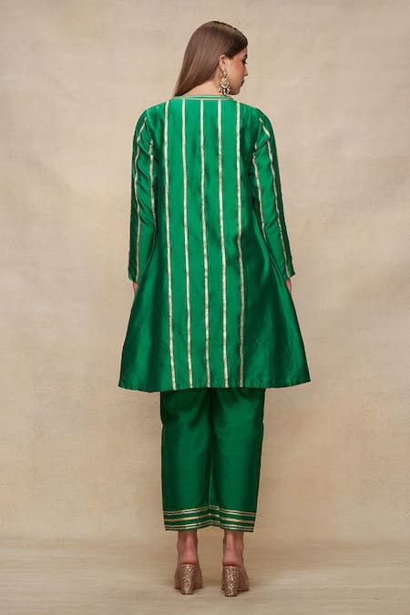 Shop Gulabo By Abu Sandeep Green Chanderi Embroidery Gota V Neck A-line Work Kurta at Aza Fashions Shop_Gulabo By Abu Sandeep_Green Chanderi Embroidery Gota V Neck A-line Work Kurta _at_Aza_Fashions