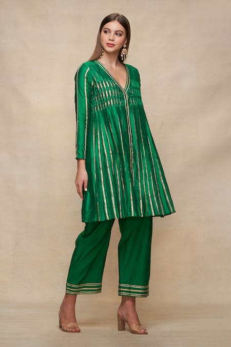 Buy Gulabo By Abu Sandeep Green Chanderi Embroidery Gota V Neck A-line Work Kurta Online at Aza Fashions Buy_Gulabo By Abu Sandeep_Green Chanderi Embroidery Gota V Neck A-line Work Kurta _Online_at_Aza_Fashions