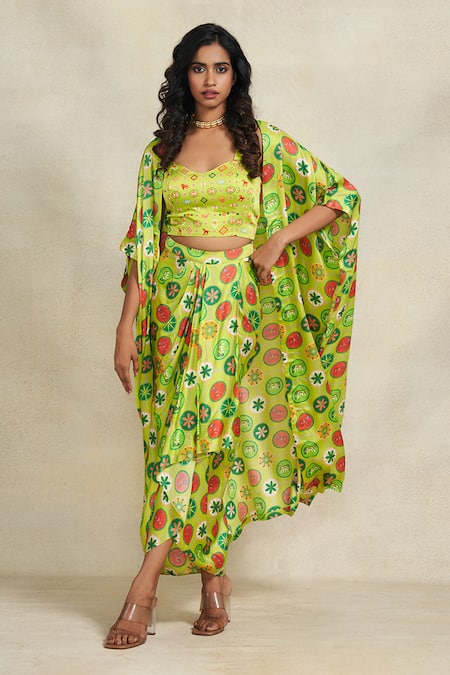 Gulabo By Abu Sandeep_Green Modal, Satin Geometric Print Overlay Shrug _Online_at_Aza_Fashions