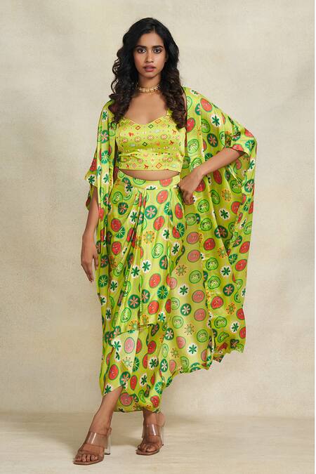 Buy_Gulabo By Abu Sandeep_Green Modal, Satin Geometric Print Overlay Shrug _Online_at_Aza_Fashions