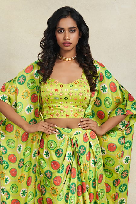 Gulabo By Abu Sandeep_Green Modal, Satin Floral Print Sarong _Online_at_Aza_Fashions