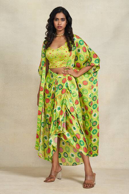 Gulabo By Abu Sandeep_Green Modal, Satin Floral Print Sarong _at_Aza_Fashions
