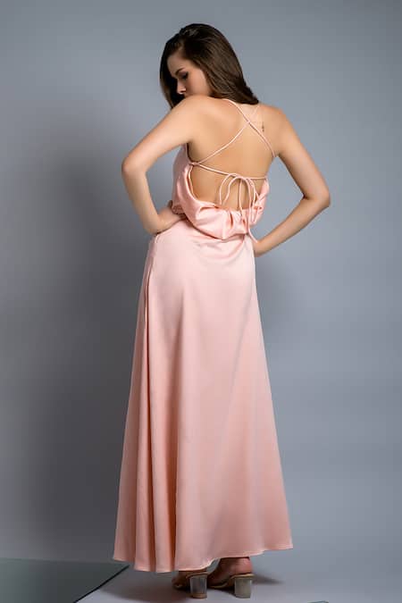 Shop Saangi Pink Satin Cowl Neck Dress at Aza Fashions Shop_Saangi_Pink Satin Cowl Neck Dress _at_Aza_Fashions