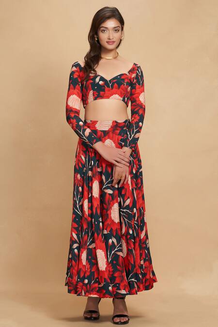 Gulabo By Abu Sandeep_Blue Viscose Digital Printed Camellia Flared Skirt_Online_at_Aza_Fashions