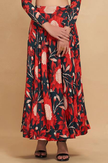 Buy_Gulabo By Abu Sandeep_Blue Viscose Digital Printed Camellia Flared Skirt_Online_at_Aza_Fashions