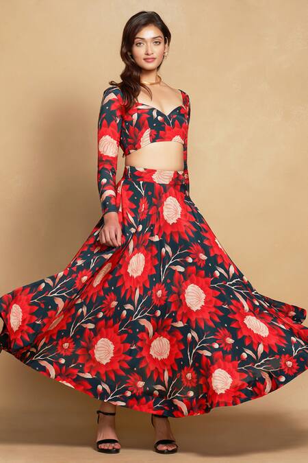 Shop_Gulabo By Abu Sandeep_Blue Viscose Digital Printed Camellia Flared Skirt_Online_at_Aza_Fashions