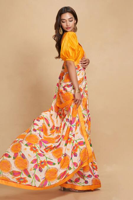 Gulabo By Abu Sandeep_Orange Chanderi Digital Printed Kadam Saree_Online_at_Aza_Fashions