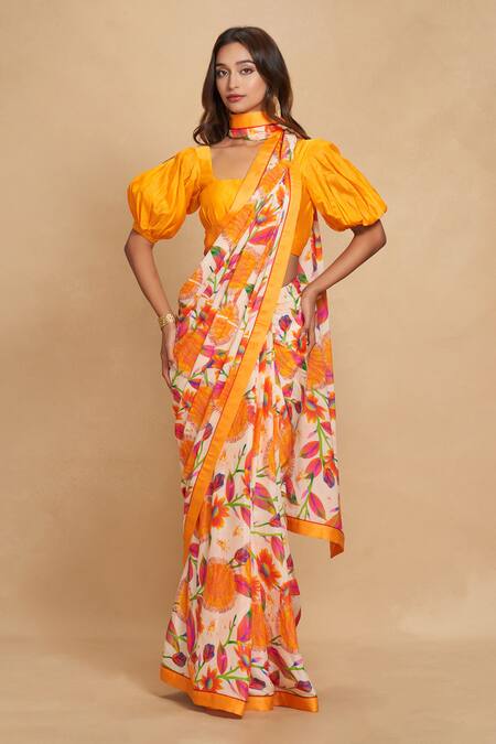 Buy_Gulabo By Abu Sandeep_Orange Chanderi Digital Printed Kadam Saree_Online_at_Aza_Fashions