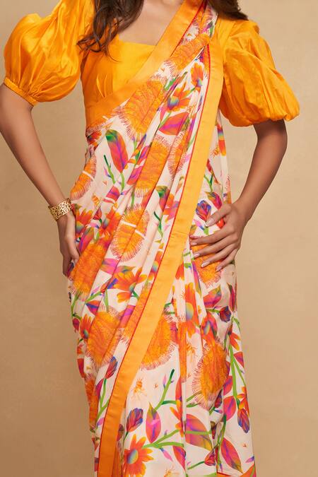 Shop_Gulabo By Abu Sandeep_Orange Chanderi Digital Printed Kadam Saree_Online_at_Aza_Fashions