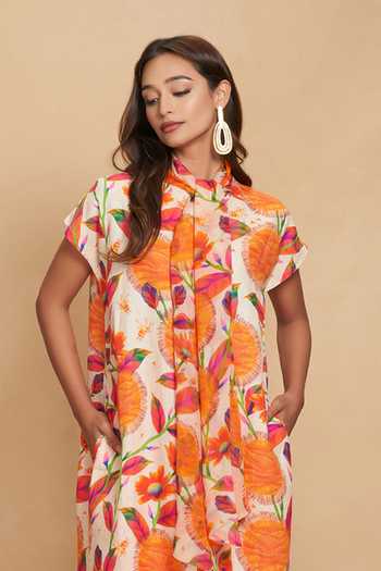 Buy Gulabo By Abu Sandeep Orange 100% Linen Kadam Print Tie-up Collar Tunic Online at Aza Fashions Buy_Gulabo By Abu Sandeep_Orange 100% Linen Kadam Print Tie-up Collar Tunic _Online_at_Aza_Fashions