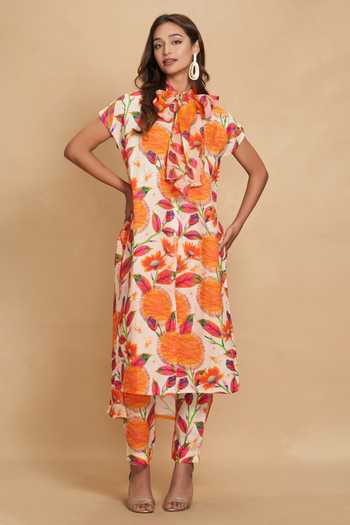 Gulabo By Abu Sandeep Orange 100% Linen Kadam Print Tie-up Collar Tunic at Aza Fashions Gulabo By Abu Sandeep_Orange 100% Linen Kadam Print Tie-up Collar Tunic _at_Aza_Fashions