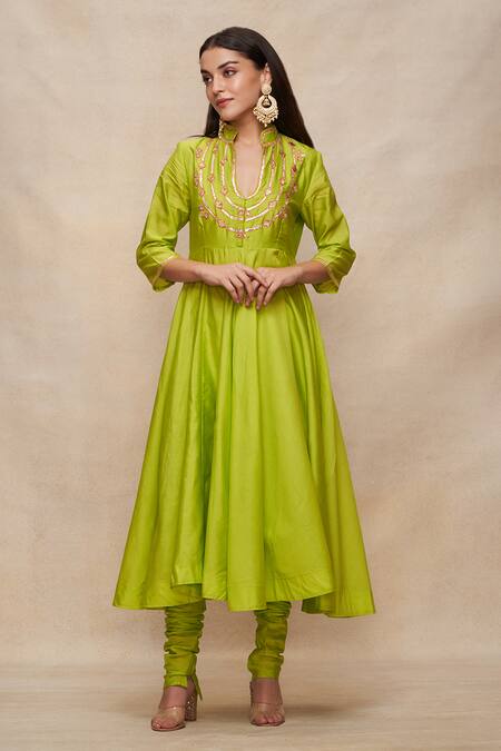 Gulabo By Abu Sandeep_Green Chanderi Embellished Gota Band U Yoke Anarkali  _Online_at_Aza_Fashions