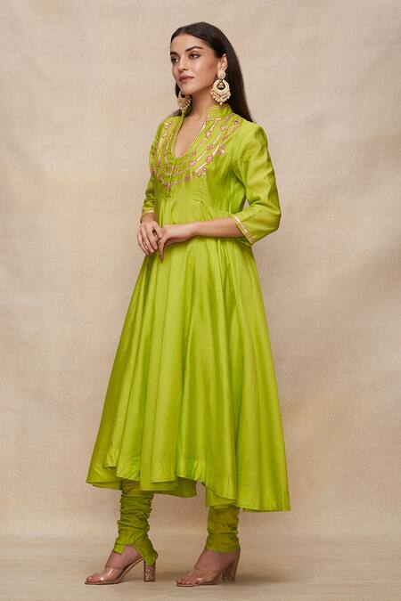 Shop_Gulabo By Abu Sandeep_Green Chanderi Embellished Gota Band U Yoke Anarkali  _Online_at_Aza_Fashions