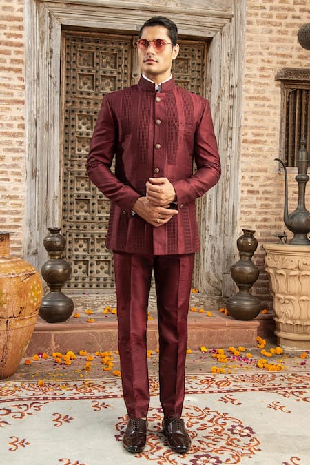 Abkasa Cinnamon Pintucked Bandhgala & Pant Set 