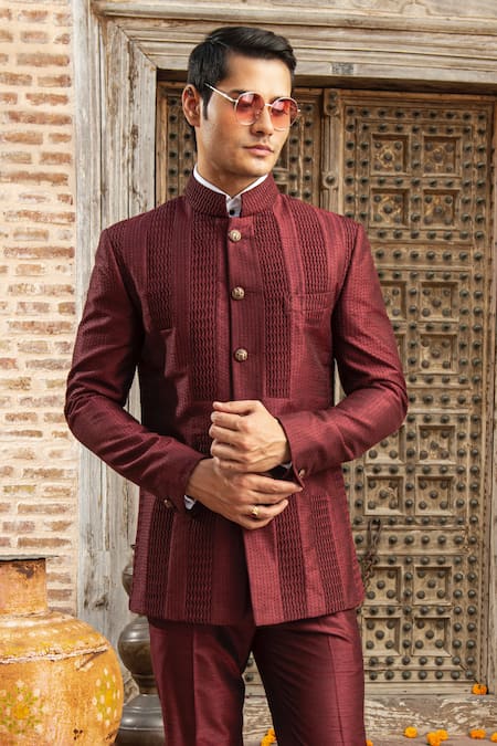 Abkasa_Maroon Dupion-raw Silk Blend Textured Cinnamon Bandhgala And Pant Set  _Online_at_Aza_Fashions