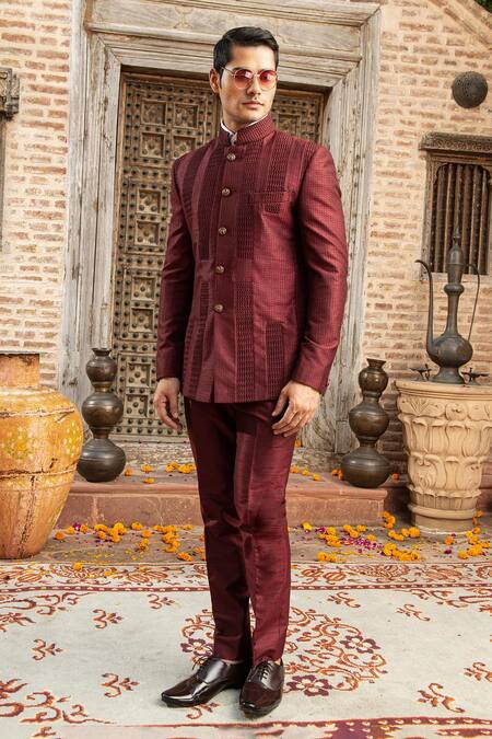 Shop_Abkasa_Maroon Dupion-raw Silk Blend Textured Cinnamon Bandhgala And Pant Set  _Online_at_Aza_Fashions