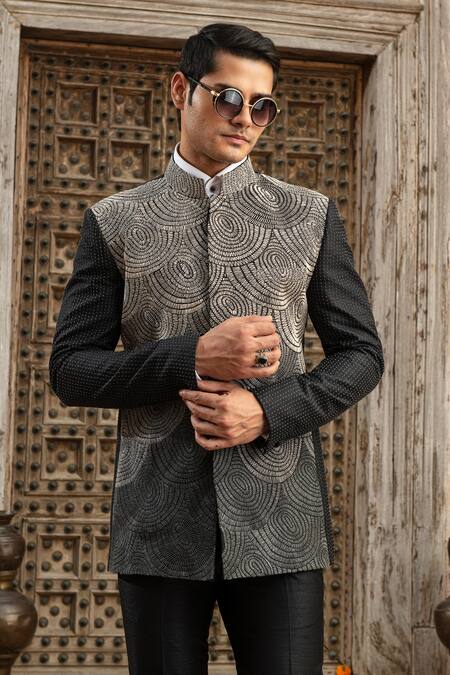 Abkasa_Black Dupion-raw Silk Blend Embroidered Clove Loop Ombre Bandhgala Set  _Online_at_Aza_Fashions