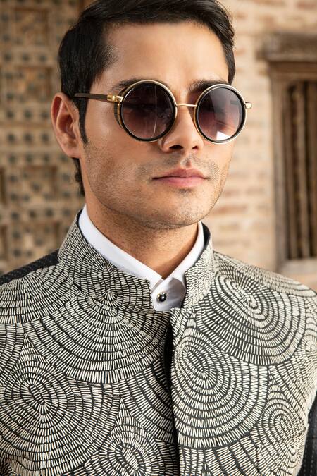 Buy_Abkasa_Black Dupion-raw Silk Blend Embroidered Clove Loop Ombre Bandhgala Set  _Online_at_Aza_Fashions