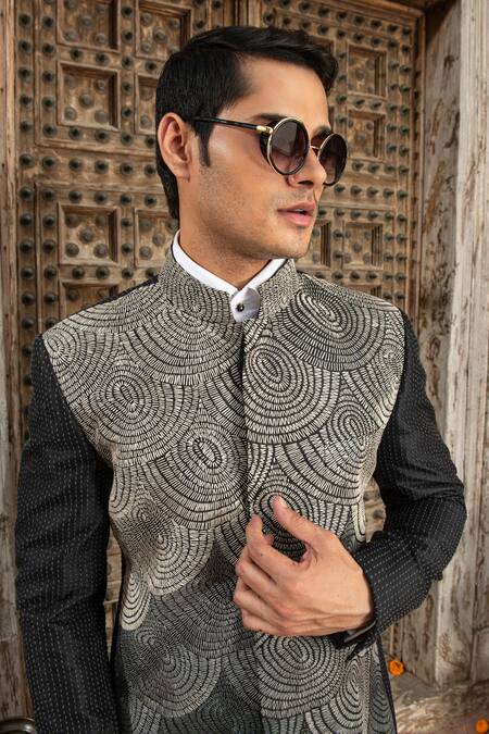 Shop_Abkasa_Black Dupion-raw Silk Blend Embroidered Clove Loop Ombre Bandhgala Set  _Online_at_Aza_Fashions