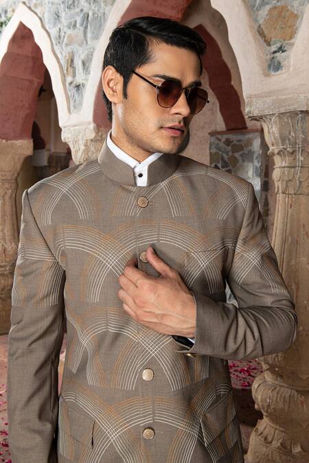 Abkasa Brown Terry Rayon Embroidered Stitch Lines Alumen Bandhgala Pant Set Online at Aza Fashions Abkasa_Brown Terry Rayon Embroidered Stitch Lines Alumen Bandhgala Pant Set _Online_at_Aza_Fashions