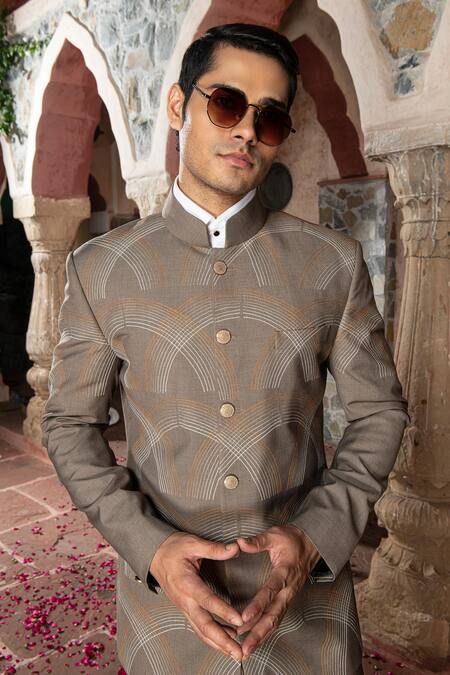 Buy Abkasa Brown Terry Rayon Embroidered Stitch Lines Alumen Bandhgala Pant Set Online at Aza Fashions Buy_Abkasa_Brown Terry Rayon Embroidered Stitch Lines Alumen Bandhgala Pant Set _Online_at_Aza_Fashions