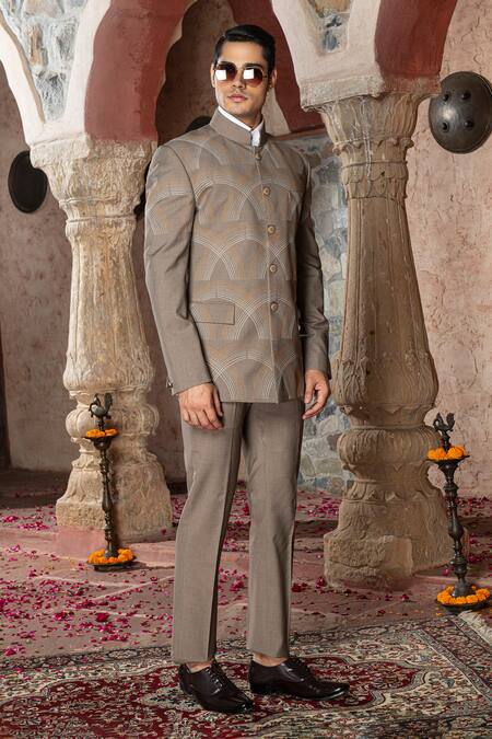 Shop Abkasa Brown Terry Rayon Embroidered Stitch Lines Alumen Bandhgala Pant Set Online at Aza Fashions Shop_Abkasa_Brown Terry Rayon Embroidered Stitch Lines Alumen Bandhgala Pant Set _Online_at_Aza_Fashions