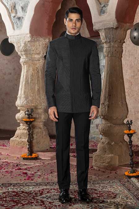 Shop Abkasa Black Terry Rayon Embroidered Stitch Lines Maze Bandhgala Pant Set at Aza Fashions Shop_Abkasa_Black Terry Rayon Embroidered Stitch Lines Maze Bandhgala Pant Set _at_Aza_Fashions