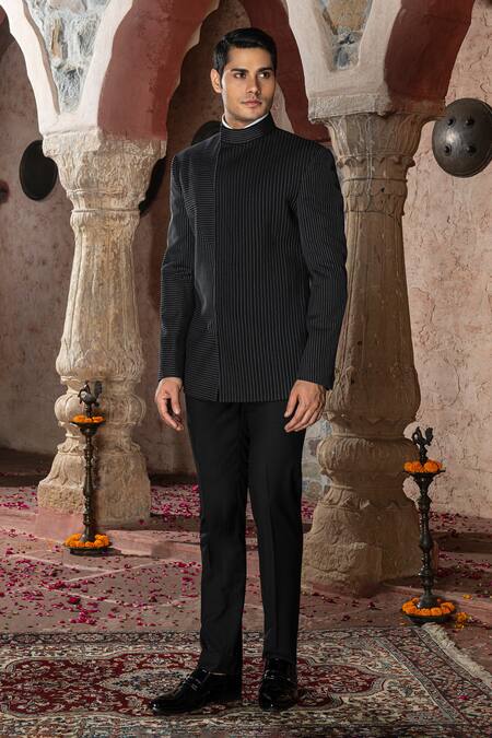 Abkasa Black Terry Rayon Embroidered Stitch Lines Maze Bandhgala Pant Set Online at Aza Fashions Abkasa_Black Terry Rayon Embroidered Stitch Lines Maze Bandhgala Pant Set _Online_at_Aza_Fashions