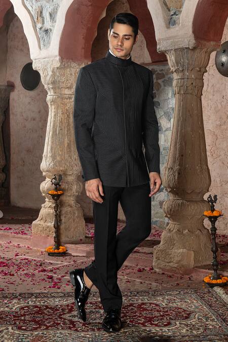 Buy Abkasa Black Terry Rayon Embroidered Stitch Lines Maze Bandhgala Pant Set Online at Aza Fashions Buy_Abkasa_Black Terry Rayon Embroidered Stitch Lines Maze Bandhgala Pant Set _Online_at_Aza_Fashions