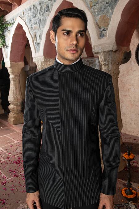 Shop Abkasa Black Terry Rayon Embroidered Stitch Lines Maze Bandhgala Pant Set Online at Aza Fashions Shop_Abkasa_Black Terry Rayon Embroidered Stitch Lines Maze Bandhgala Pant Set _Online_at_Aza_Fashions