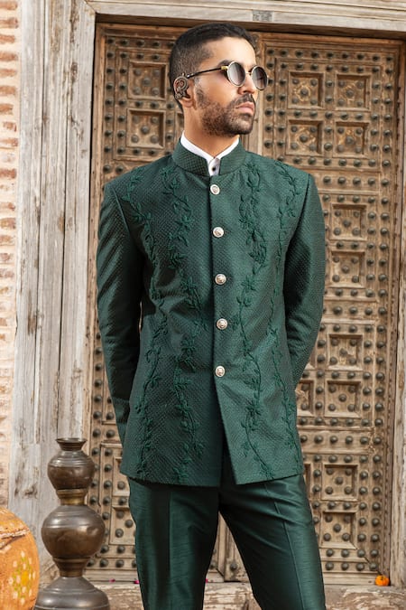 Abkasa_Green Dupion-raw Silk Blend Embroidered Mangrove Floral Bandhgala Set  _Online_at_Aza_Fashions