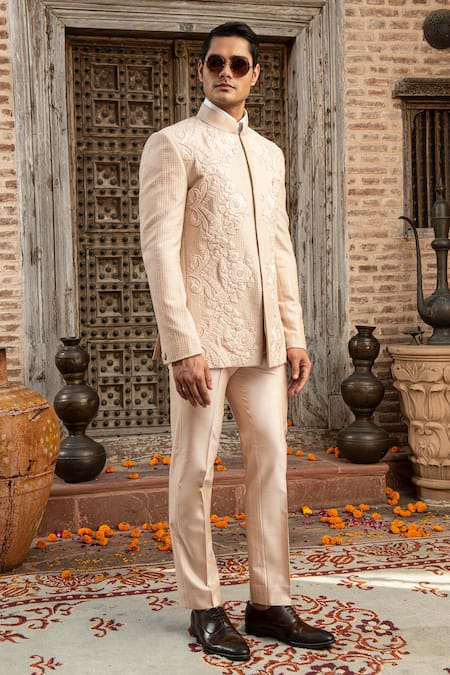 Buy_Abkasa_Peach Katan Silk Embroidered Stitch Lines Persica Floral Garden Bandhgala Set _Online_at_Aza_Fashions