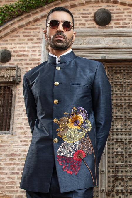 Abkasa_Blue Dupion-raw Silk Blend Embroidered Flower Taruni Bandhgala Set _at_Aza_Fashions