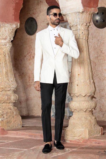 Shop Abkasa White Terry Rayon Embroidered Pearl Tuxedo And Trouser Set at Aza Fashions Shop_Abkasa_White Terry Rayon Embroidered Pearl Tuxedo And Trouser Set _at_Aza_Fashions