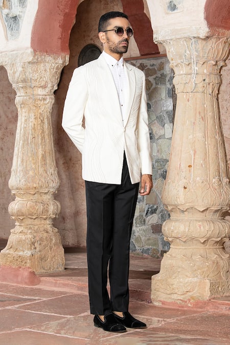 Shop Abkasa White Terry Rayon Embroidered Pearl Tuxedo And Trouser Set Online at Aza Fashions Shop_Abkasa_White Terry Rayon Embroidered Pearl Tuxedo And Trouser Set _Online_at_Aza_Fashions