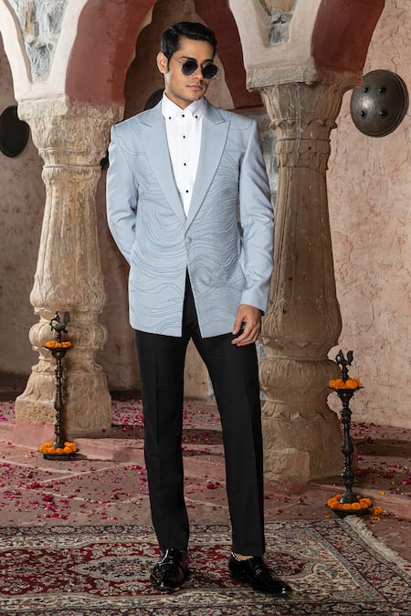 Shop Abkasa Blue Terry Rayon Embroidered French Aerolux Tuxedo And Trouser Set at Aza Fashions Shop_Abkasa_Blue Terry Rayon Embroidered French Aerolux Tuxedo And Trouser Set _at_Aza_Fashions