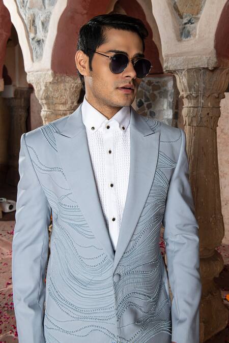 Abkasa Blue Terry Rayon Embroidered French Aerolux Tuxedo And Trouser Set Online at Aza Fashions Abkasa_Blue Terry Rayon Embroidered French Aerolux Tuxedo And Trouser Set _Online_at_Aza_Fashions