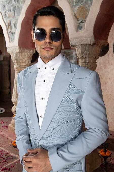 Buy Abkasa Blue Terry Rayon Embroidered French Aerolux Tuxedo And Trouser Set Online at Aza Fashions Buy_Abkasa_Blue Terry Rayon Embroidered French Aerolux Tuxedo And Trouser Set _Online_at_Aza_Fashions