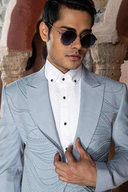 Shop Abkasa Blue Terry Rayon Embroidered French Aerolux Tuxedo And Trouser Set Online at Aza Fashions Shop_Abkasa_Blue Terry Rayon Embroidered French Aerolux Tuxedo And Trouser Set _Online_at_Aza_Fashions