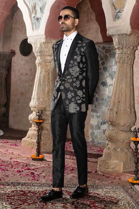 Shop Abkasa Black Terry Rayon Embroidered Bead Work Nigella Tuxedo And Pant Set at Aza Fashions Shop_Abkasa_Black Terry Rayon Embroidered Bead Work Nigella Tuxedo And Pant Set _at_Aza_Fashions