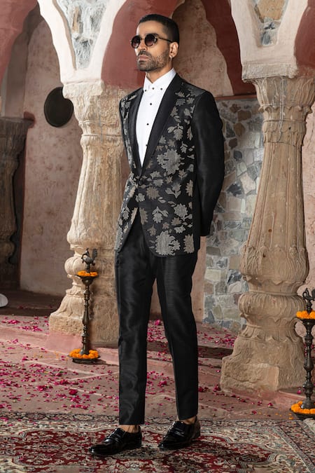 Abkasa Black Terry Rayon Embroidered Bead Work Nigella Tuxedo And Pant Set at Aza Fashions Abkasa_Black Terry Rayon Embroidered Bead Work Nigella Tuxedo And Pant Set _at_Aza_Fashions