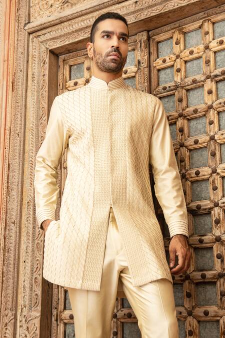 Abkasa Beige Katan Silk Textured Pintucks Shimmerlyn Kurta And Pant Set Online at Aza Fashions Abkasa_Beige Katan Silk Textured Pintucks Shimmerlyn Kurta And Pant Set _Online_at_Aza_Fashions