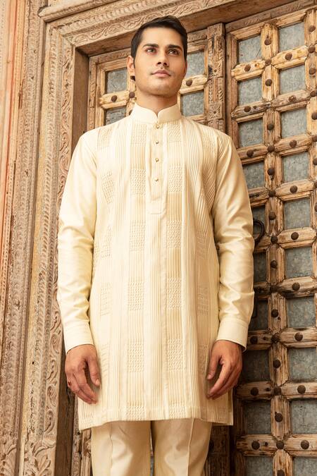 Abkasa Beige Katan Silk Textured Pintucks Gildan Kurta And Pant Set Online at Aza Fashions Abkasa_Beige Katan Silk Textured Pintucks Gildan Kurta And Pant Set _Online_at_Aza_Fashions