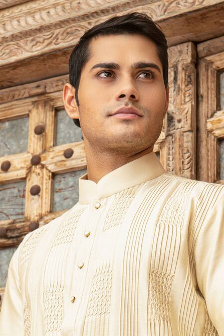 Buy Abkasa Beige Katan Silk Textured Pintucks Gildan Kurta And Pant Set Online at Aza Fashions Buy_Abkasa_Beige Katan Silk Textured Pintucks Gildan Kurta And Pant Set _Online_at_Aza_Fashions