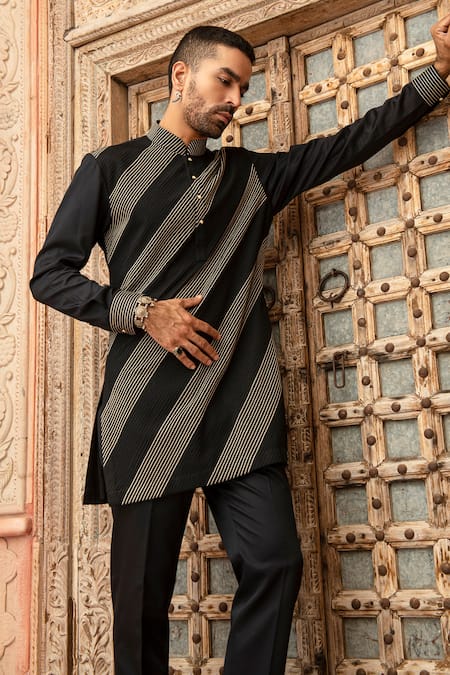 Shop Abkasa Black Modal, Satin Embroidery Inkblaze Diagonal Pintucked Kurta And Pant Set at Aza Fashions Shop_Abkasa_Black Modal, Satin Embroidery Inkblaze Diagonal Pintucked Kurta And Pant Set _at_Aza_Fashions