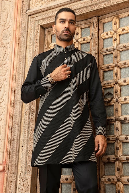 Abkasa Black Modal, Satin Embroidery Inkblaze Diagonal Pintucked Kurta And Pant Set Online at Aza Fashions Abkasa_Black Modal, Satin Embroidery Inkblaze Diagonal Pintucked Kurta And Pant Set _Online_at_Aza_Fashions