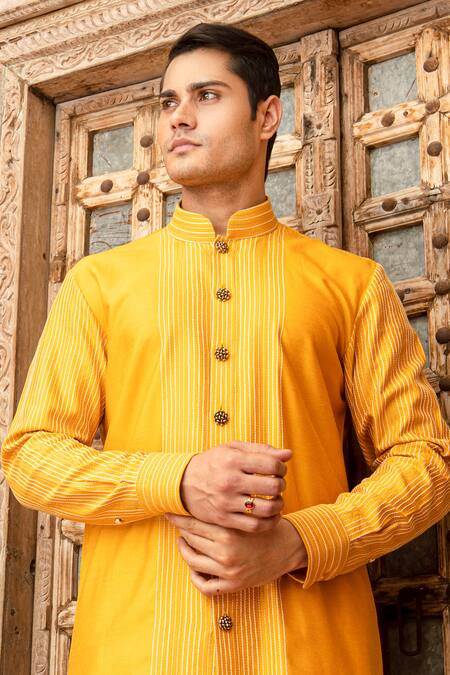 Abkasa Yellow Katan Silk Embroidered Stitch Lines Citrina Kurta And Pant Set Online at Aza Fashions Abkasa_Yellow Katan Silk Embroidered Stitch Lines Citrina Kurta And Pant Set _Online_at_Aza_Fashions