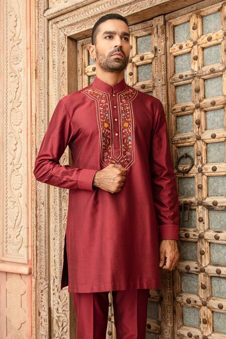 Abkasa Maroon Katan Silk Embroidered Floral Amber Placket Kurta Set Online at Aza Fashions Abkasa_Maroon Katan Silk Embroidered Floral Amber Placket Kurta Set _Online_at_Aza_Fashions