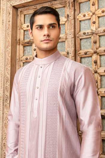 Abkasa_Purple Silk Amethyst Pintucked Kurta And Pant Set _Online_at_Aza_Fashions
