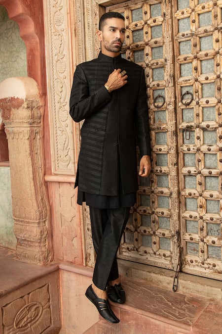 Shop Abkasa Black Dupion-raw Silk Blend Textured Pintucks Sable Bandhgala Set at Aza Fashions Shop_Abkasa_Black Dupion-raw Silk Blend Textured Pintucks Sable Bandhgala Set _at_Aza_Fashions